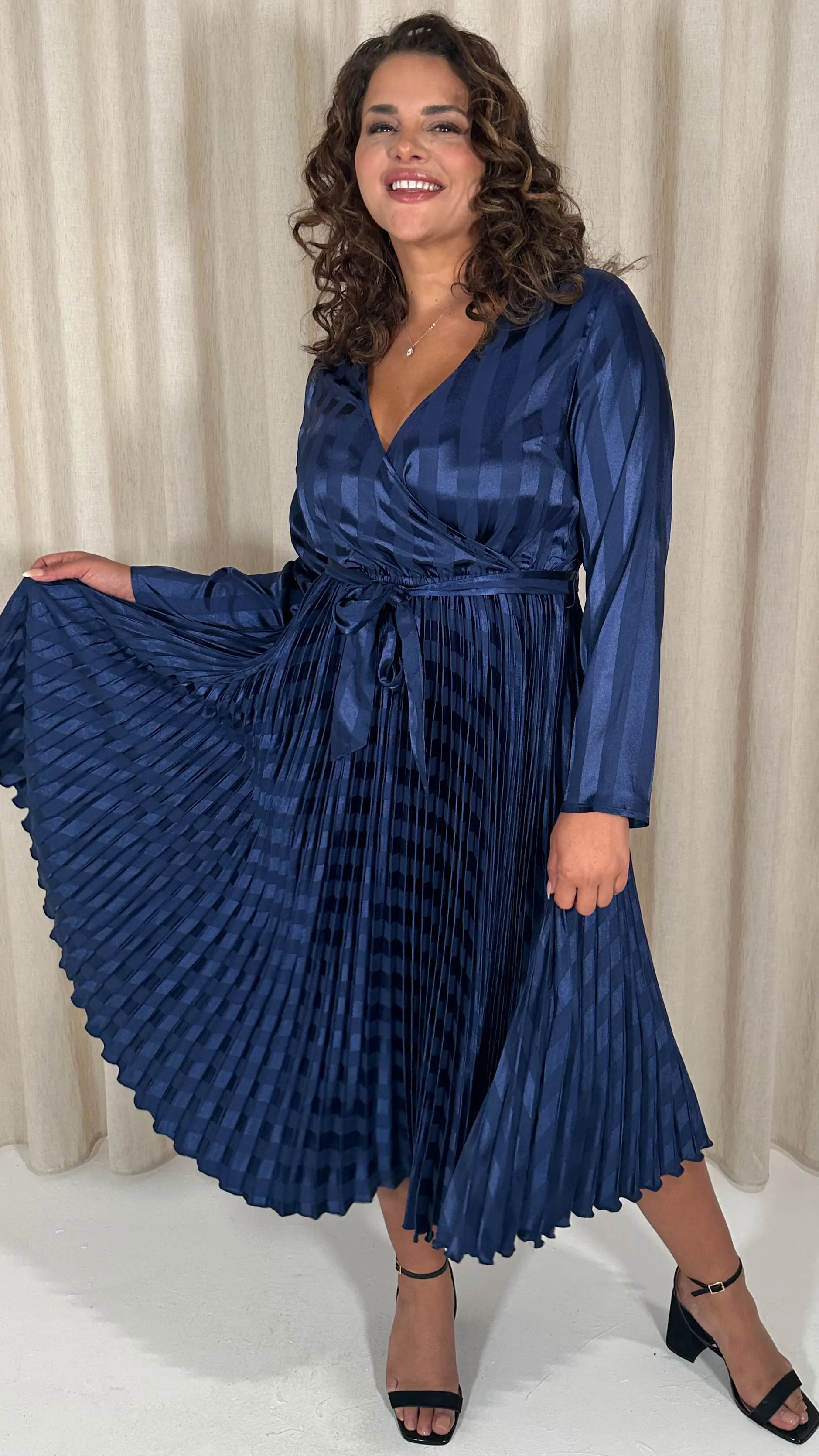 CurveWow Long Sleeve Pleated Wrap Dress Navy Stripe