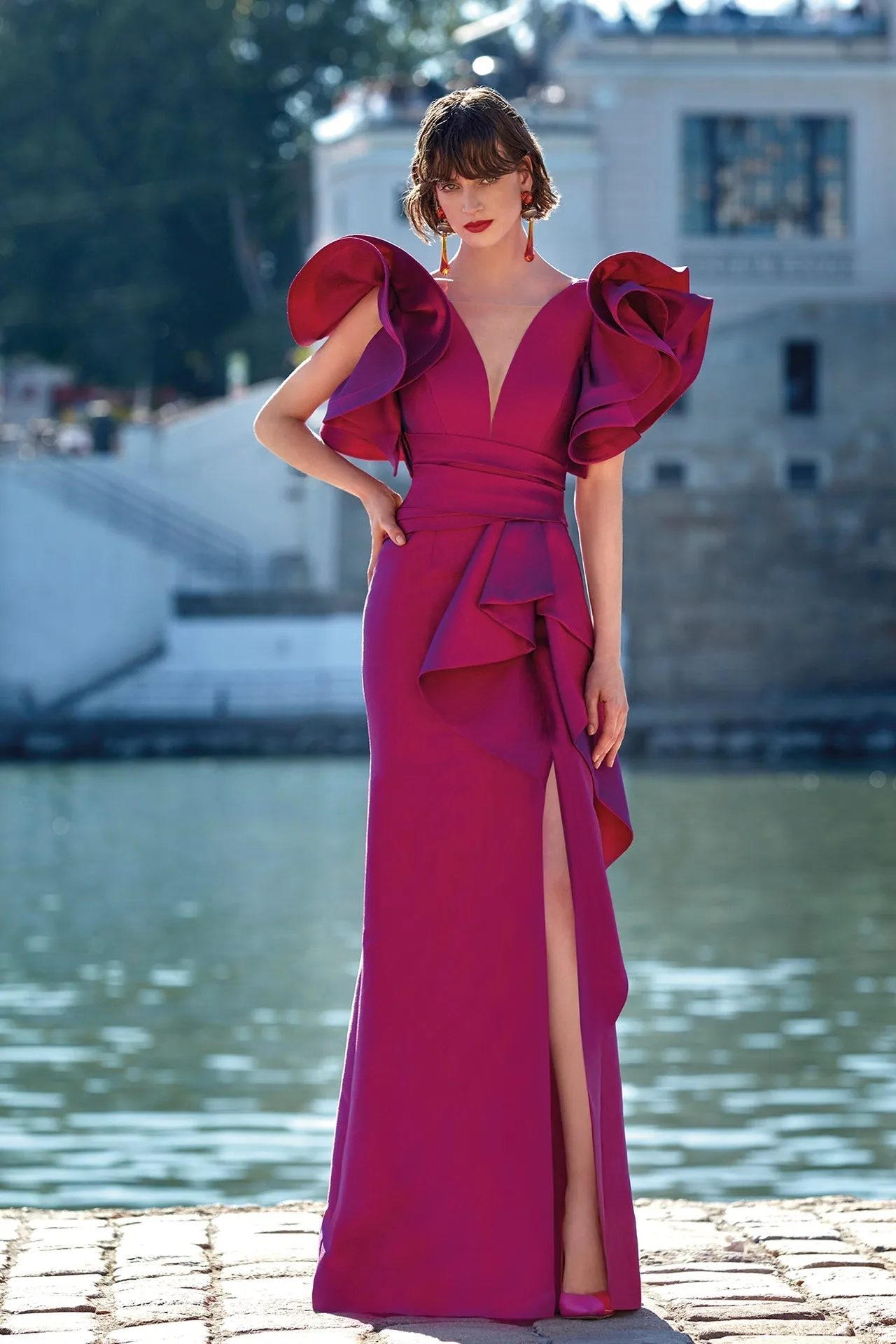 Jacquard Dress with Ruffles Shoulders