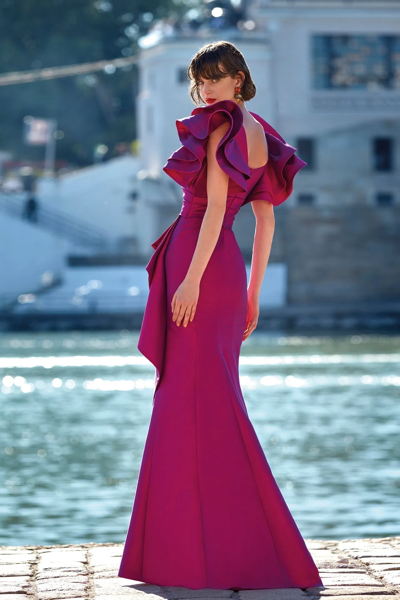 Jacquard Dress with Ruffles Shoulders