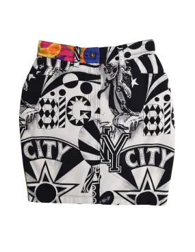 Versace Vintage NY Big City Statue of Liberty Multicolor Print Denim Skirt